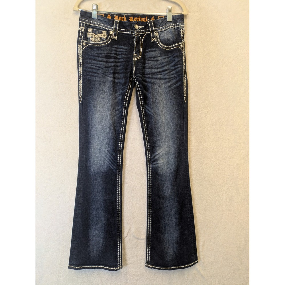 Rock Revival Janelle Bootcut Jeans Dark Wash Thick Stitch Embellished Womens 27‎